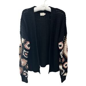 DREAMERS BY DEBUT | Black Crochet Cardigan Granny Square Sleeve NWT | S/M
